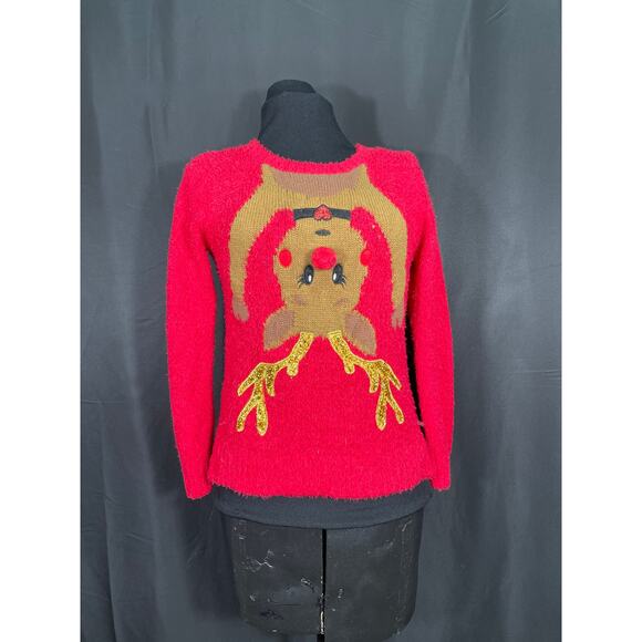 Red Fuzzy Christmas Sweater, Forever and Ever, Youth, Cute Upside Down Reindeer - Picture 1 of 6